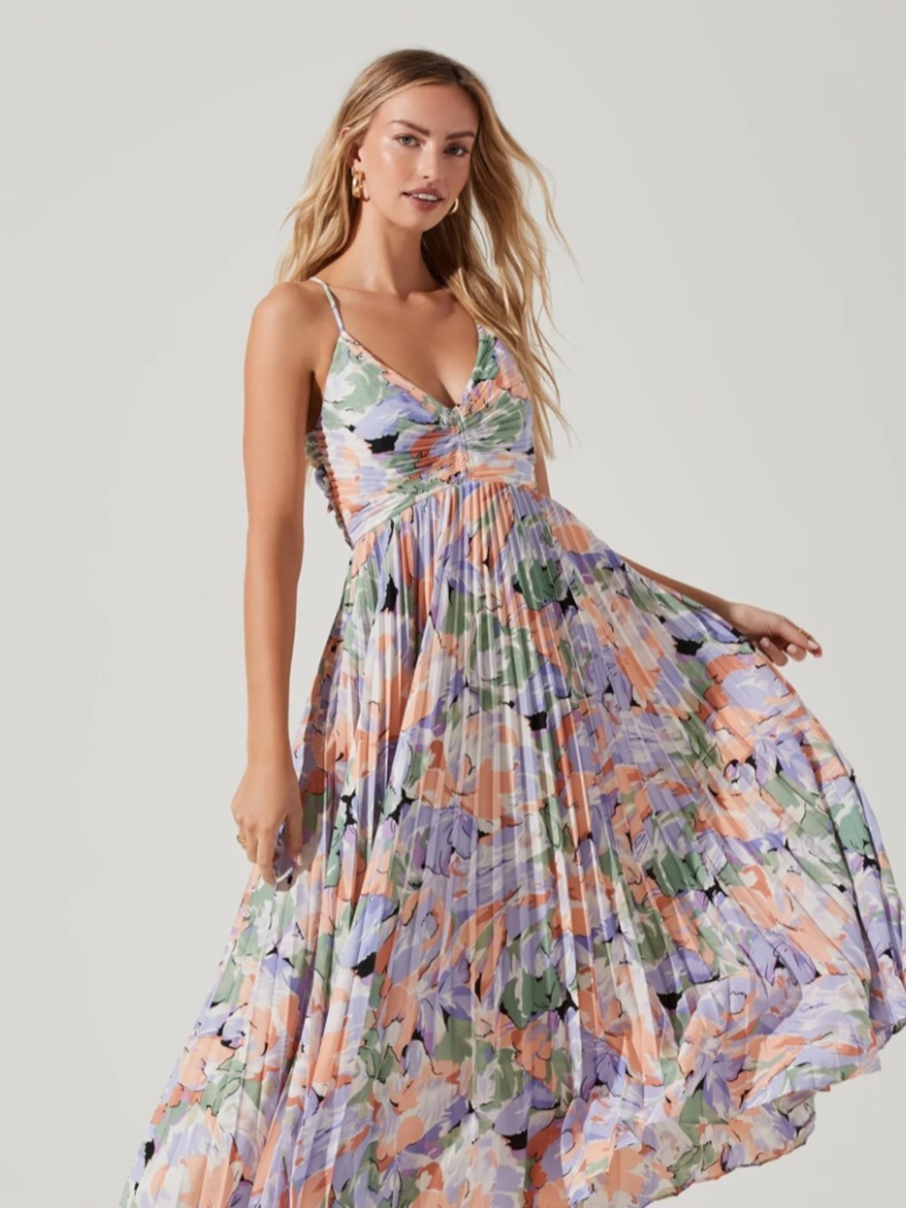 ASTR Blythe Floral Plisse Midi Dress in Coral Multi, Pleated, Size Small